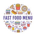 Fast food circle illustration with flat line icons. Thin vector signs for restaurant menu poster - burger, pizza, hot