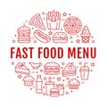 Fast food circle illustration with flat line icons. Thin vector signs for restaurant menu poster - burger, pizza, hot