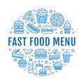 Fast food circle illustration with flat line icons. Thin vector signs for restaurant menu poster - burger, pizza, hot