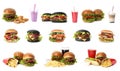 Fast food. Collage with different delicious burgers, drinks and French fries on white background Royalty Free Stock Photo