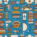 Fast food collection. Hamburger pizza sausages snacks sandwich ice cream. Food menu, seamless pattern for your design