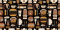 Fast food collection. Hamburger pizza sausages snacks sandwich ice cream. Food menu, seamless pattern for your design