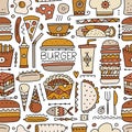Fast food collection. Hamburger pizza sausages snacks sandwich ice cream. Food menu, seamless pattern for your design