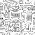 Fast food collection. Hamburger pizza sausages snacks sandwich ice cream. Food menu, seamless pattern for your design