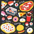 Fast food collection, menu food illustrations for cafe or delivery service, italian pizza, japanese sushi rolls and