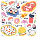 Fast food collection, menu food illustrations for delivery service, italian pepperoni pizza, japanese sushi rolls and Royalty Free Stock Photo