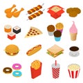 Fast Food Color Icon Set Isometric View. Vector