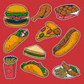 fast food colorful doodle hand drawn, drawing burger, frech fries, taco, burrito, hot dog, and pizza sanwich vector illustration Royalty Free Stock Photo