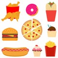 Fast food colorful flat design icons set. Tasty fast food includes donut, burger, french fries, fried chicken, ice cream, hot dog Royalty Free Stock Photo