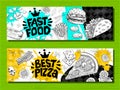 Fast food colorful modern banners set labels. Fast food. Best Pizza. bacon. Hot dog, hamburger, coffee, wings, nuggets, tacos. Royalty Free Stock Photo