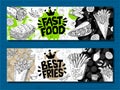 Fast food colorful modern banners set labels. Fast food. French fries. donuts. Hot dog, hamburger, coffee, wings, nuggets, tacos. Royalty Free Stock Photo