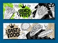 Fast food colorful modern banners set labels. Fast food. French fries. donuts. Hot dog, hamburger, coffee, wings, nuggets, tacos. Royalty Free Stock Photo