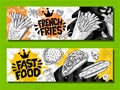 Fast food colorful modern banners set labels. Fast food. French fries. donuts. Hot dog, hamburger, coffee, wings, nuggets, tacos. Royalty Free Stock Photo