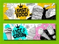 Fast food colorful modern banners set labels. Fast food. Ice cream. donuts. Hot dog, hamburger, coffee, wings, nuggets, tacos Royalty Free Stock Photo