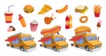 Fast food colorful set. Hotdog and Hamburger. Street food. Popcorn and hot dog. Cartoon fast food for design. Meal festival.