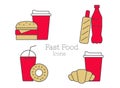 Fast food combo menu compositions of snack or lunch, line simple icon illustration in red and mustard yellow color