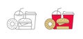 Fast food combo menu items like burger with beverage and donut, line simple icon illustration in two color options