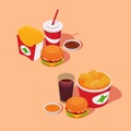 Fast-food combo sets. Fries, burgers, nuggets, sauces and drinks