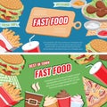 Fast food concept banner flat style, vector horizontal templates set with french fies burger soda etc Royalty Free Stock Photo