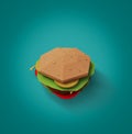 Fast food concept. Burger from cardboard on blue background. Car