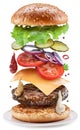 Fast food concept - flying hamburgers ingredients isolated on a white background