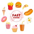 Fast food concept set. Hamburger and soda drink, pizza slice and hot dog Royalty Free Stock Photo