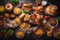 Fast food concept. Set of hamburgers, cheeseburgers, french fries, vegetables and sauces on dark background, So many delicious Royalty Free Stock Photo