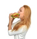 Fast food concept. Woman eating tasty unhealthy burger sandwich Royalty Free Stock Photo