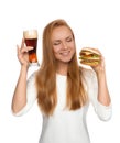 Fast food concept. Woman hold tasty unhealthy burger sandwich in Royalty Free Stock Photo