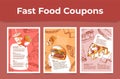 Fast food coupons collection engraved vector illustration. Restaurant special offer sale discount