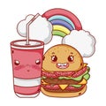 Fast food cute tasty burger plastic cup and rainbow clouds cartoon