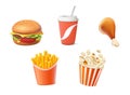 Fast food 3D icons set, street food 3d vector UI. Hamburger, soft drink, cola, fried chicken wing, french fries popcorn