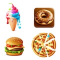 Fast food 3d realistic render vector icon set. Pizza, taco, hamburger, fries potatoes, ramen noodle soup, hot dog, popcorn