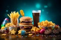 Fast food on dark background. Hamburger, french fries, cola and popcorn Royalty Free Stock Photo