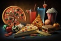 Fast food on a dark background. Pizza, tomatoes, cheese, pizza, soda, olives Royalty Free Stock Photo