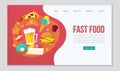 Fast food delievery vector illustration for web template. Cartoon illustration of burger sandwich, hamburger, pizza and