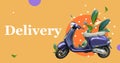 Fast food delivery concept. Retro Vintage Scooter with fresh plants isolated on abstract colorful background. Modern Personal Royalty Free Stock Photo