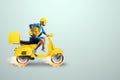 Fast food delivery man on a green scooter. Delivery concept, online order, food delivery, last mile, banner, template. 3D