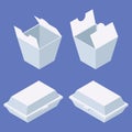 Fast food delivery package set for western and chinese food. White boxes isometric in various foreshortening