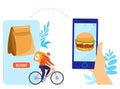 Fast food delivery to door and by courier flat icons set isolated vector illustration. Deliverman on bike delivering