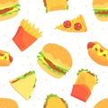 Fast Food Design with Appetizing Hamburger, Sandwich and Pizza Slice Vector Seamless Pattern