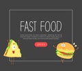 Fast Food Design with Humanized Hamburger and Sandwich Waving Hand Vector Template