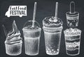 Street food festival menu. Vintage sketch collection. Fast food set. Vector desserts drawing, milkshake, cocktail, ice cream, frui