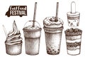 Street food festival menu. Vintage sketch collection. Fast food set. Engraved style design. Vector desserts drawing.