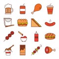 Fast food dinner and menu, tasty meal and unhealthy, restaurant lunch icons set line and fill style