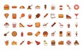 Fast food dinner and menu, tasty meal and unhealthy, restaurant lunch icons set line and fill style
