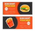 Fast Food Discount Voucher Templates Set, Restaurant, Cafe Design Element, Gift Coupon, Snack Promo Offer Card Vector