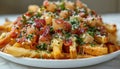 A fast food dish featuring fries, bacon, cheese, and chives as garnish Royalty Free Stock Photo