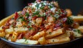 Fast food dish of French fries with bacon and cheese on a wooden table Royalty Free Stock Photo