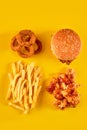 Fast food dish on yellow background. Fast food set fried chicken, meat burger and french fries. Take away fast food. Royalty Free Stock Photo